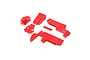 A set of red plastic RC body panels for a Losi 1/10 scale vehicle, arranged on a white background.