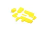 A set of bright yellow RC car body panels arranged on a white background.