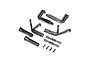 A set of black chrome RC car exhaust headers and mounting hardware on a white background.