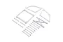 A set of white plastic RC car wing mount components including a frame, side plates, and various support rods arranged on a white background.
