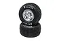 Two Losi 1.9/2.4 inch rear sprint car wheels with chrome rims and Hoosier branded black rubber tyres stacked on a white background.
