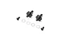 TLR black aluminium front axle set including two axles with F markings, two screws, and four washers on a white background.
