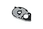A black anodized aluminium motor plate for an RC car, featuring machined silver cooling fins and mounting holes.
