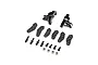 TLR aluminium spindle set in black, including two steering hubs, six carbon fibre steering arms, eight screws, and four lock nuts.