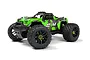Maverick Atom AT1 1/18 scale RC monster truck in green and black livery, shown from a front three-quarter angle on a white background.