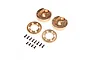 Four brass RC portal covers and weights with a set of black mounting screws on a white background.