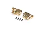Two brass portal hub carriers for an RC car with four small black mounting screws on a white background.