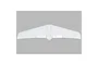 A top-down view of a white foam RC airplane wing assembly against a plain grey background.