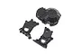 Three black plastic Axial transmission housing and gear cover components isolated on a white background.