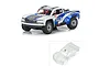 A composite image showing a fully painted and decaled Pro-Line Chevy Silverado RC truck body on a chassis, alongside the unpainted clear polycarbonate body shell.
