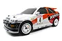 HPI WR8 Flux Ford Escort RS Cosworth RC rally car in Repsol livery, featuring white, orange, and dark blue racing decals on a white body.