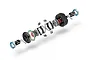Exploded view of an XRAY Narrow Active Differential set showing all internal gears, bearings, outdrives, and seals arranged in a line.