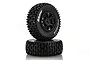 Two Louise Pioneer RC short course tyres pre-glued onto black multi-spoke rims, stacked vertically against a white background.