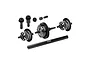GPM Racing black carbon steel and aluminium differential set including gears, housings, and a drive shaft on a white background.