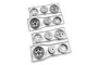 Two grey plastic sprues containing 1/10 scale star-dish RC car rims for front and rear wheels.