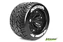 Two Louise 3.8 inch MT-Rocket RC monster truck tires pre-glued onto black multi-spoke rims against a white background.