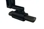 A black 1/10 scale RC muffler with an adjustable mounting bracket against a white background.