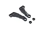 Two carbon fibre RC steering arms and two small metal nuts isolated on a white background.