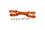 An orange anodized aluminium steering bell crank support for RC cars, shown with four small metal bushings and two flat-head screws.