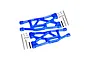 A pair of blue anodized aluminium lower suspension arms for an RC car, including metal hinge pins, screws, and small spacers.