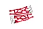 Two red anodized aluminium RC lower suspension arms with included metal hinge pins, screws, and spacers on a white background.