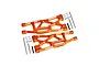 A pair of orange anodized aluminium lower suspension arms for an RC car, including metal hinge pins, screws, and small spacers on a white background.