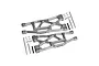 Two grey aluminium RC suspension arms with included metal pins, screws, and washers on a white background.