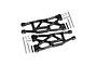 Two black anodized aluminium RC suspension arms with included metal pins, screws, and spacers on a white background.