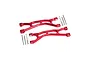 Two red anodized aluminium upper suspension arms for RC cars, including mounting pins, screws, and spacers, set against a white background.