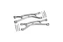 Two silver aluminium RC suspension arms with included metal pins, screws, and washers on a white background.