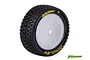 A single Louise 2.2 inch E-Maglev RC buggy tyre pre-glued onto a white dished rim, featuring yellow branding on the sidewall.