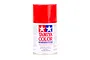 A 100ml can of Tamiya PS-2 Red polycarbonate spray paint, featuring the Tamiya logo and safety warnings on a white background.