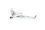 E-Flite Opterra 2m RC flying wing glider in white with blue and black graphics, shown from a high-angle perspective against a white background.