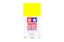 A 100ml can of Tamiya PS-6 Yellow polycarbonate spray paint for RC car bodies, featuring the Tamiya logo and safety warnings on a white background.