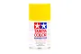 A 100ml can of Tamiya PS-19 Camel Yellow polycarbonate spray paint for RC car bodies, featuring a bright yellow cap and white label with red and blue branding.
