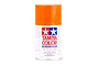 A 100ml can of Tamiya PS-20 Fluorescent Red polycarbonate spray paint, featuring the Tamiya logo and safety warnings on a white background.