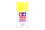 A 100ml can of Tamiya PS-27 Fluorescent Yellow polycarbonate spray paint, featuring the Tamiya logo and safety warnings on a white background.