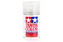 A 100ml spray can of Tamiya PS-55 Flat Clear paint for polycarbonate RC bodies, featuring the Tamiya logo and red, white, and blue branding.