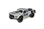 Losi Baja Rey Ford Raptor RC Short Course Truck in silver with Black Rhino branding on a white background.