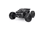 ARRMA Outcast 6S BLX EXtreme Bash RC stunt truck in black, featuring large off-road tires, a detailed truck body, and a rear wing on a white background.