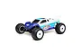 A Losi Mini-T 2.0 1/18 scale RC stadium truck in blue and white livery, shown from a front-three-quarter angle on a white background.