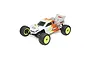 Losi Mini-T 2.0 1/18 scale RC stadium truck in grey with orange and yellow decals, featuring bright yellow wheels and off-road tires.