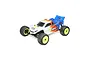 Losi Mini-T 2.0 1/18 scale RC stadium truck in blue, white, and orange livery with yellow wheels, viewed from a high angle.