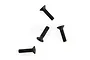 Four black metal countersunk head screws arranged on a white background.