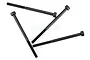 Four black metal cap head screws arranged in a scattered pattern on a white background.