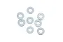 Eight small silver metal flat washers arranged on a plain white background.