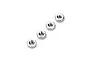Four small silver-coloured metal hex nuts arranged in a diagonal line against a plain white background.