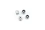 Four silver metal nyloc nuts arranged on a white background, showing both the top and side profiles.