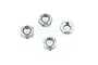Four silver-coloured metal nyloc nuts arranged on a white background.