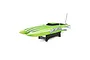 Pro Boat Veles 29 inch catamaran RC speed boat in bright green and white, mounted on a black plastic display stand against a white background.